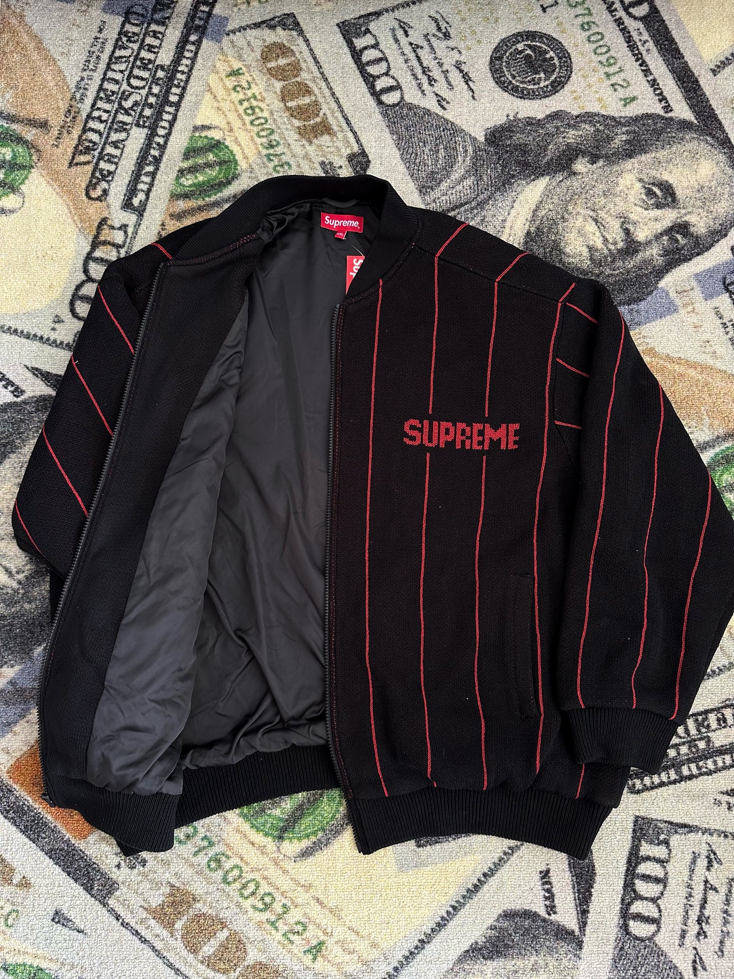 Supreme Pinstripe Varsity Zip-Up Sweater