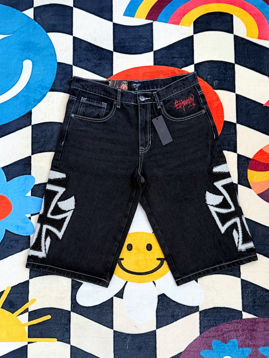 CROSSES RHINESTONE MENS DENIM SHORTS ED HARDY