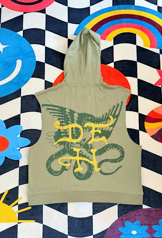 Ed Hardy Dagger Rose Fleece Cut Off Hoodie – Light Olive