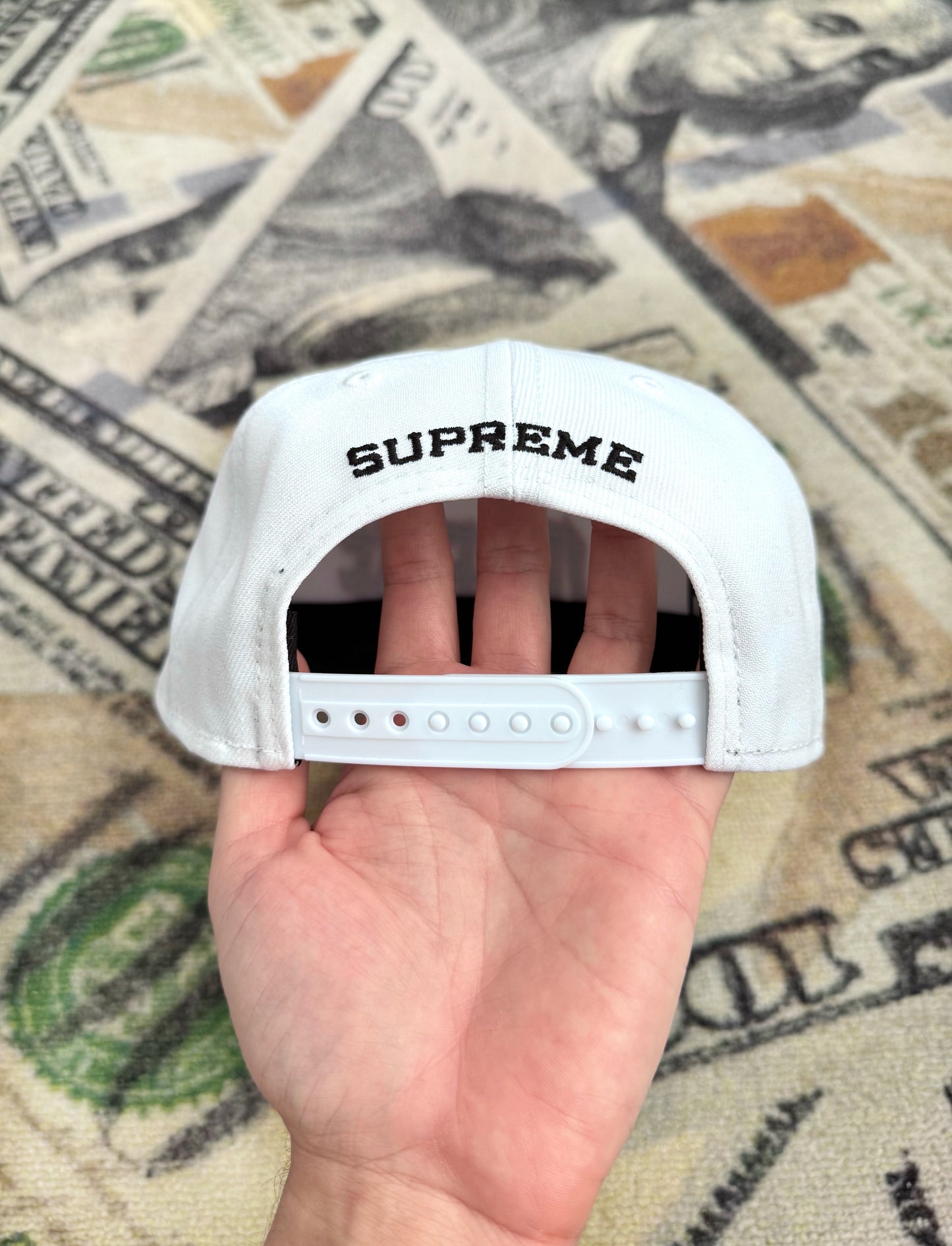 Supreme Sharp Spellout Adjustable New Era Cap – White