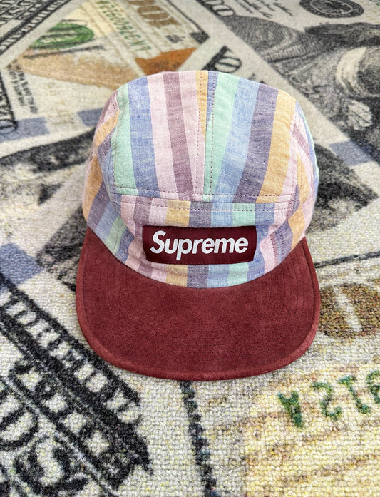 Supreme Striped Linen Suede Camp Cap