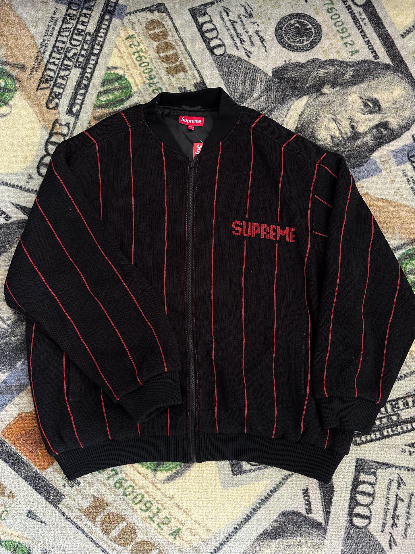 Supreme Pinstripe Varsity Zip-Up Sweater