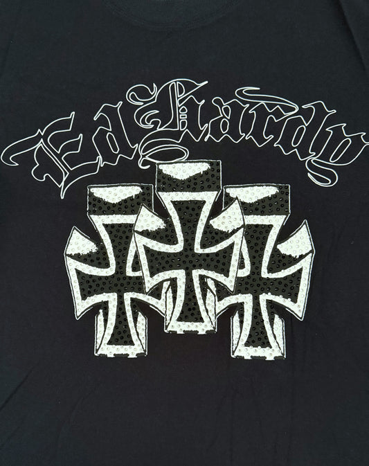 Ed Hardy Crosses Rhinestone Boxy Cropped Tee