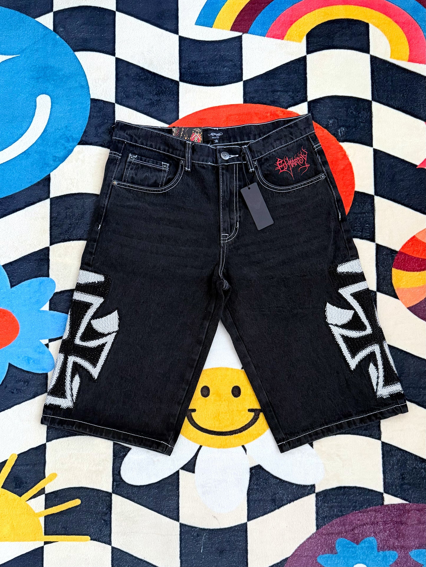 CROSSES RHINESTONE MENS DENIM SHORTS ED HARDY