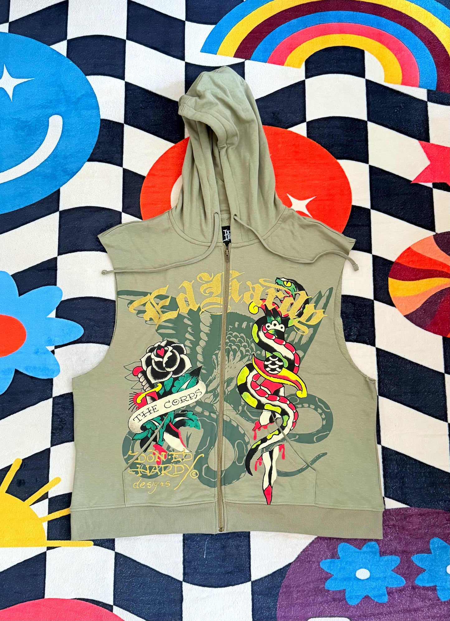 Ed Hardy Dagger Rose Fleece Cut Off Hoodie – Light Olive