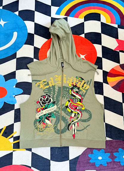 Ed Hardy Dagger Rose Fleece Cut Off Hoodie – Light Olive
