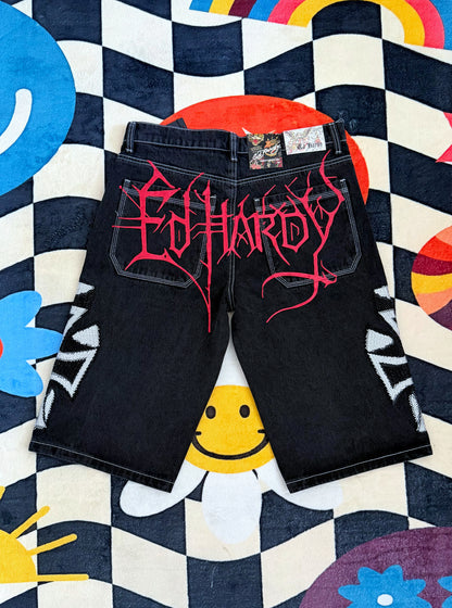 CROSSES RHINESTONE MENS DENIM SHORTS ED HARDY