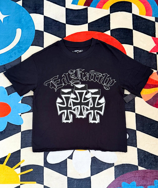 Ed Hardy Crosses Rhinestone Boxy Cropped Tee