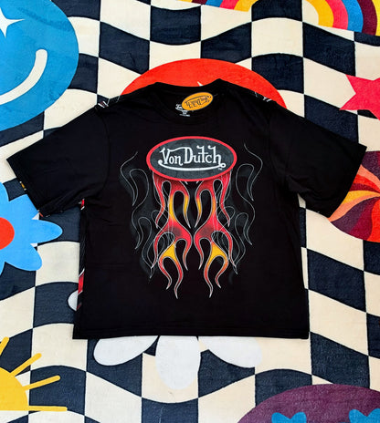 Von Dutch Logo Flame Cropped T-Shirt