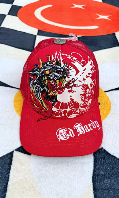 Ed Hardy Rhinestone Eagle Panther Hat Red