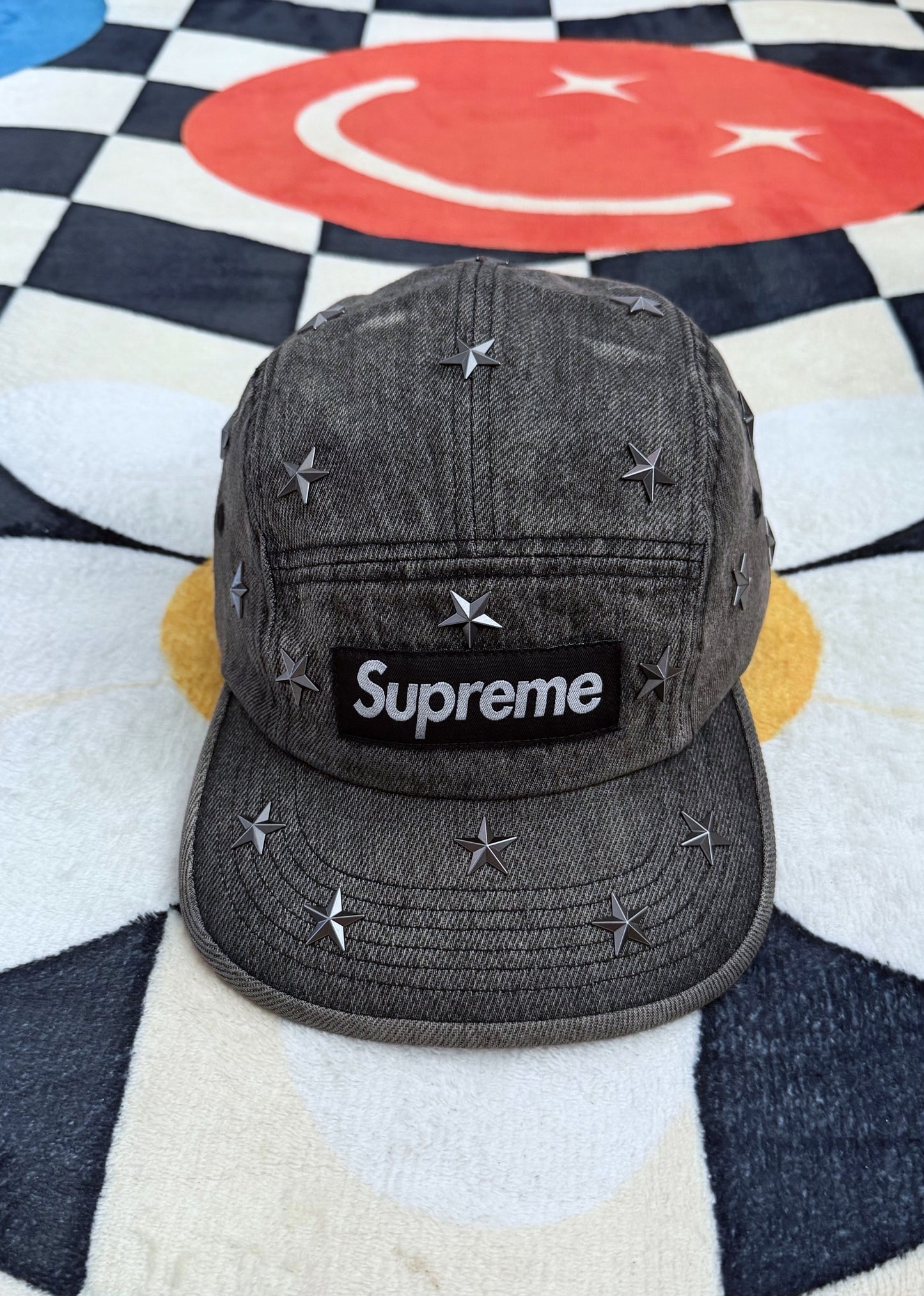 Supreme Stars Studded Denim Camp Cap Washed Black